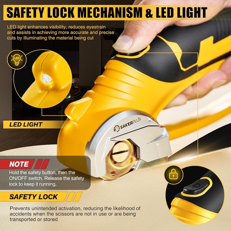 SakerPlus Cordless Electric Scissors, 4V Cardboard Cutter, Box Cutter - 2 Blades, 1 Storage Bag, Safety Lock & LED Light, Rechargeable Power Rotary Cutter for Box Carpet Fabric Plastic Leather - Image 3
